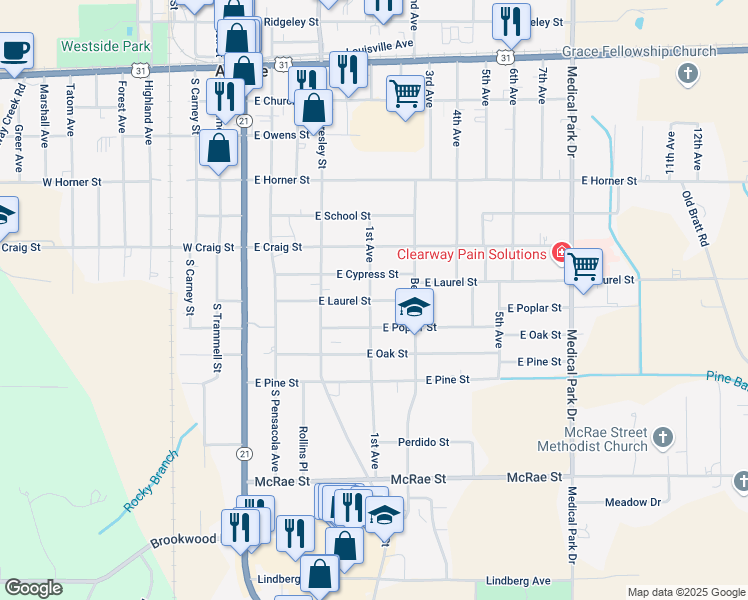 map of restaurants, bars, coffee shops, grocery stores, and more near 401-409 E Laurel St in Atmore