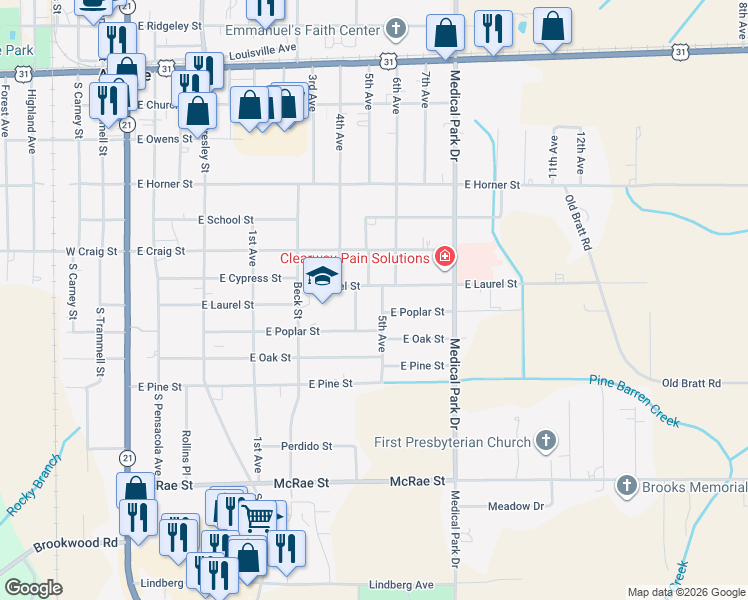 map of restaurants, bars, coffee shops, grocery stores, and more near 502 5th Avenue in Atmore