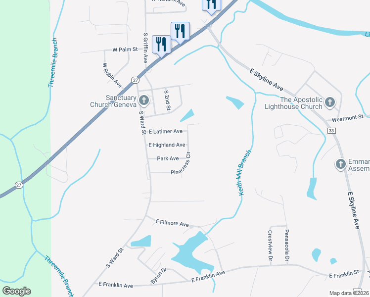 map of restaurants, bars, coffee shops, grocery stores, and more near Pinecress Circle in Geneva