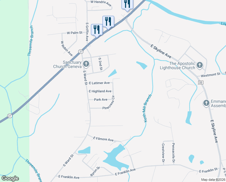 map of restaurants, bars, coffee shops, grocery stores, and more near Pinecress Circle in Geneva