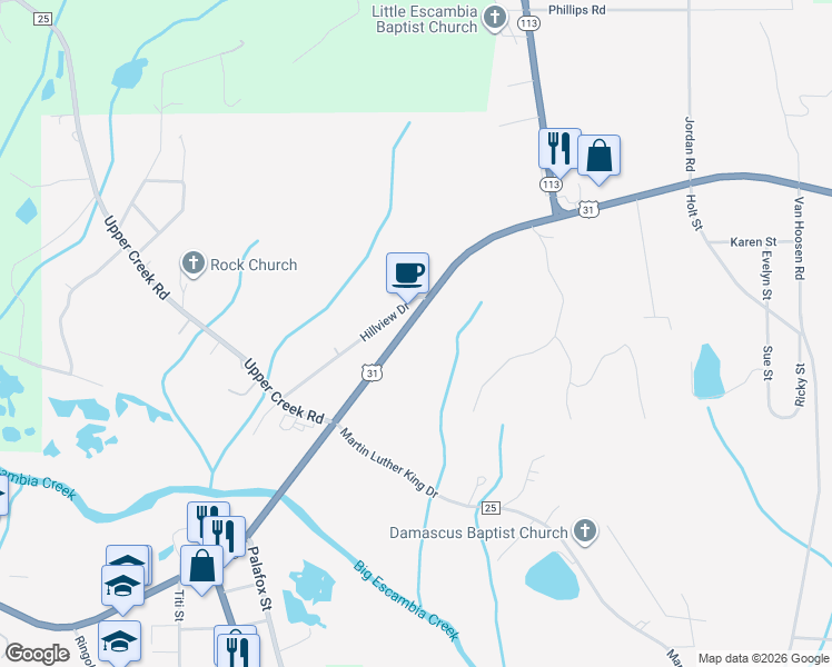 map of restaurants, bars, coffee shops, grocery stores, and more near 22135 Alabama 113 in Flomaton