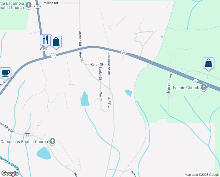 map of restaurants, bars, coffee shops, grocery stores, and more near 342 Van Hoosen Rd in Flomaton