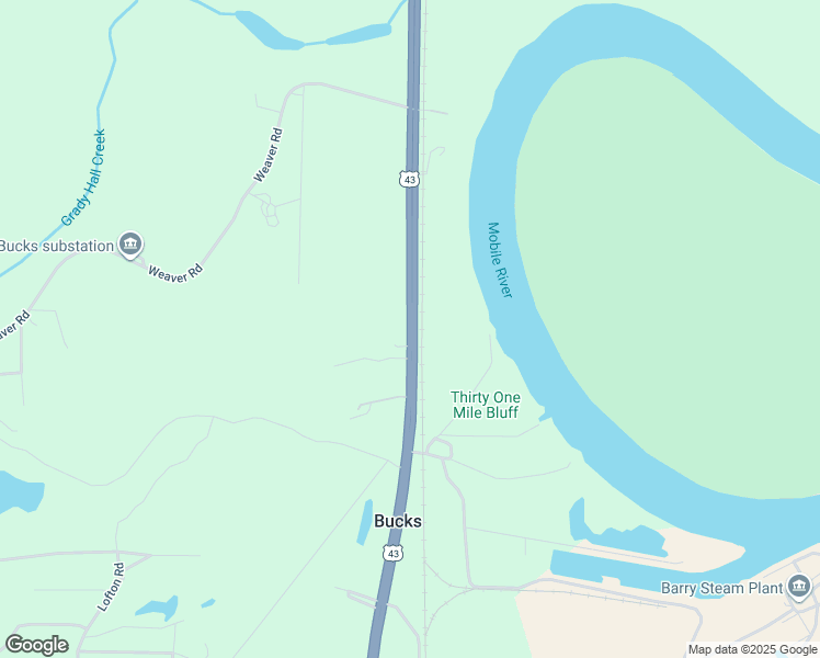 map of restaurants, bars, coffee shops, grocery stores, and more near Highway 43 S in Bucks