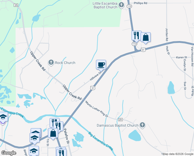 map of restaurants, bars, coffee shops, grocery stores, and more near 22135-22163 Highway 113 in Flomaton
