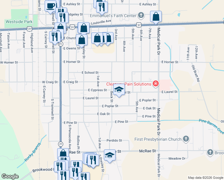 map of restaurants, bars, coffee shops, grocery stores, and more near 500 East Craig Street in Atmore