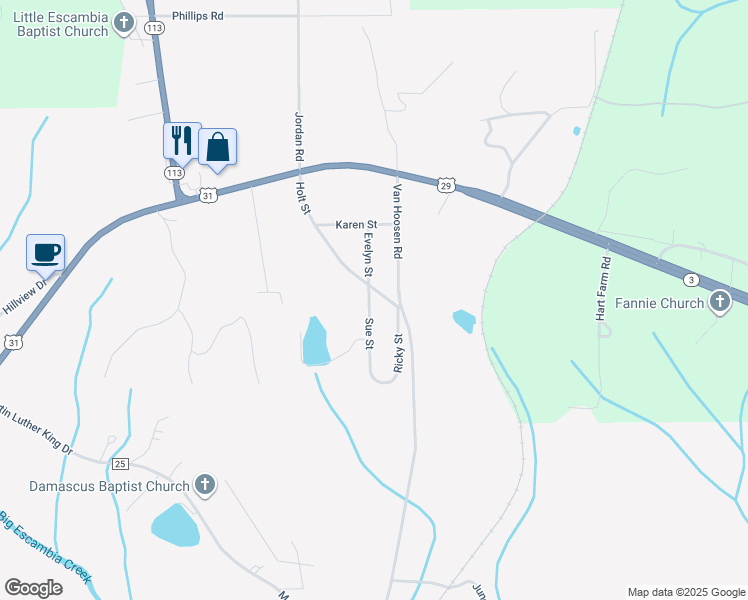 map of restaurants, bars, coffee shops, grocery stores, and more near 130-342 Van Hoosen Rd in Flomaton