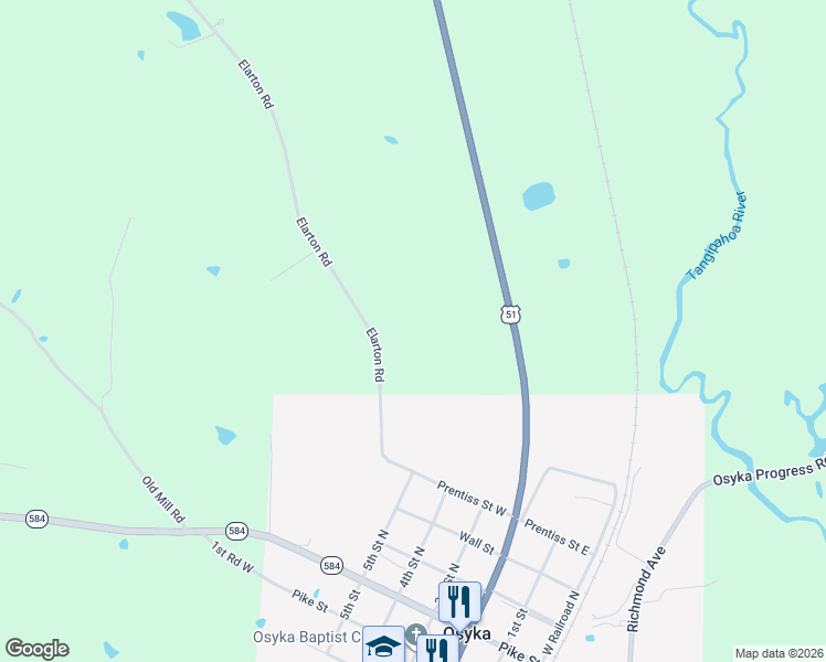 map of restaurants, bars, coffee shops, grocery stores, and more near 1024 Elarton Road in Osyka