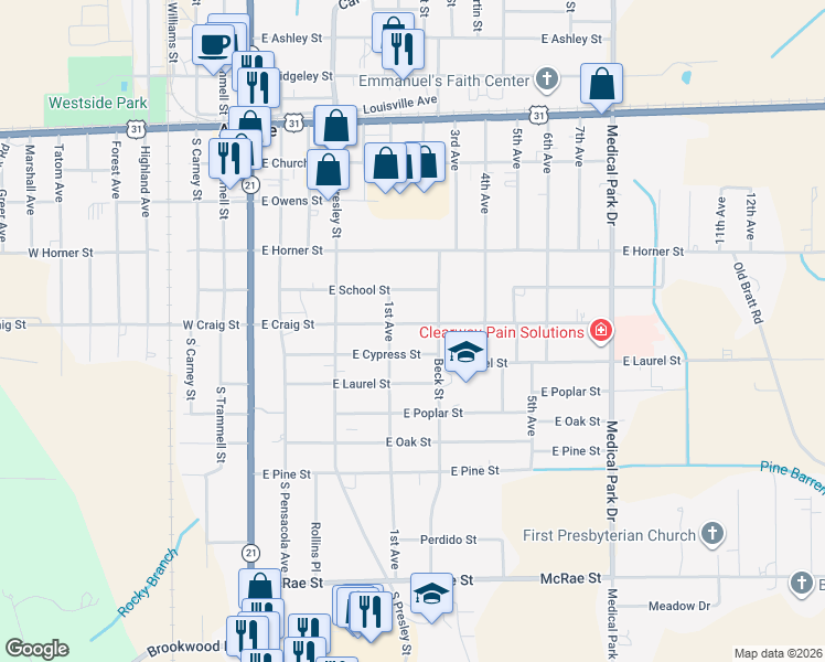 map of restaurants, bars, coffee shops, grocery stores, and more near 406 East Craig Street in Atmore