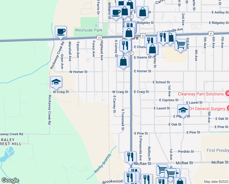 map of restaurants, bars, coffee shops, grocery stores, and more near 622 S Carney St in Atmore