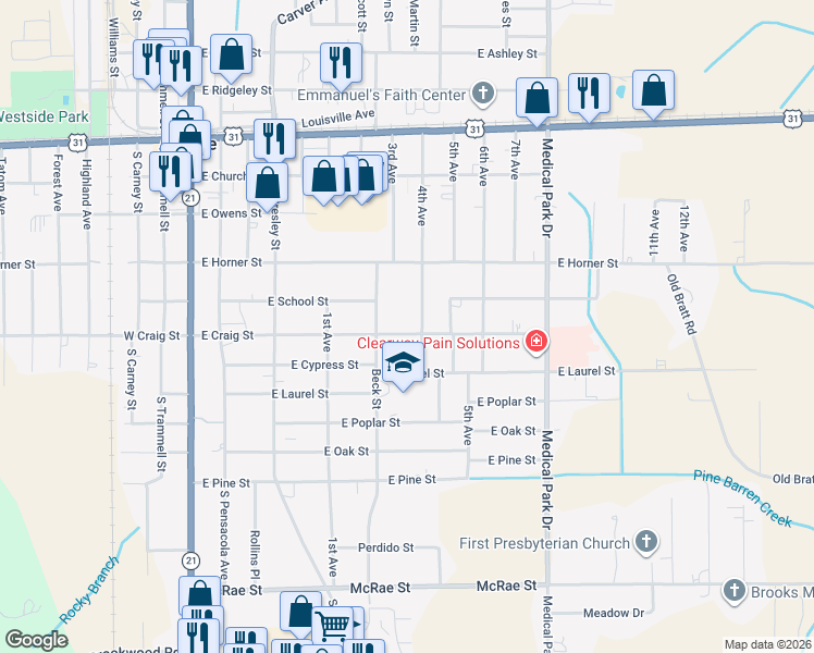 map of restaurants, bars, coffee shops, grocery stores, and more near 500-598 E Craig St in Atmore