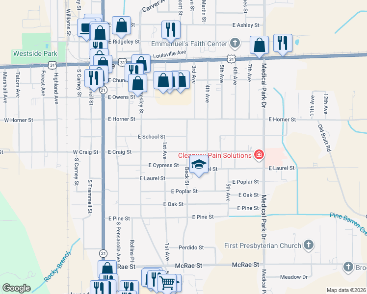 map of restaurants, bars, coffee shops, grocery stores, and more near 406 East Craig Street in Atmore