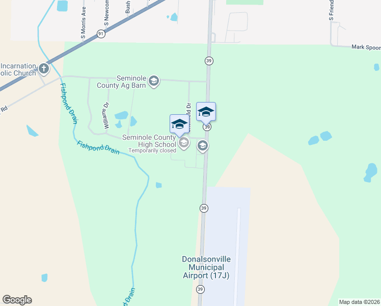 map of restaurants, bars, coffee shops, grocery stores, and more near 5582 Highway 39 in Donalsonville