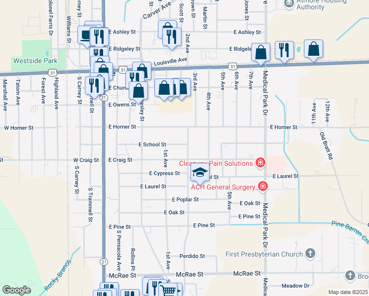 map of restaurants, bars, coffee shops, grocery stores, and more near 101-199 Beck St in Atmore