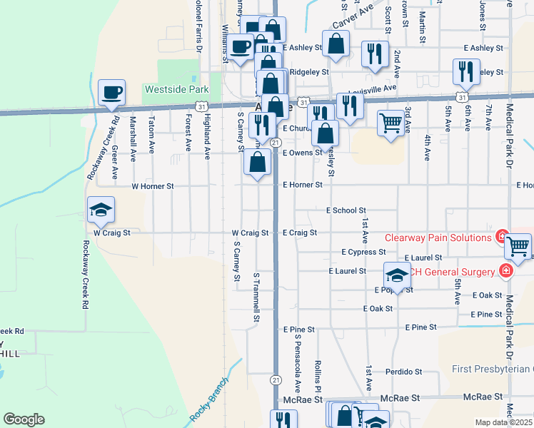 map of restaurants, bars, coffee shops, grocery stores, and more near 200-206 West School Street in Atmore