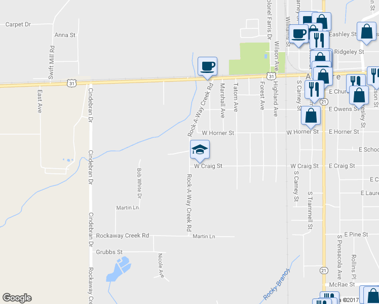 map of restaurants, bars, coffee shops, grocery stores, and more near Rock-A-Way Creek Road in Atmore