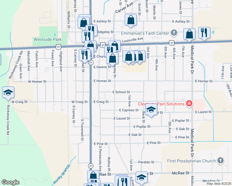 map of restaurants, bars, coffee shops, grocery stores, and more near 410 South Presley Street in Atmore
