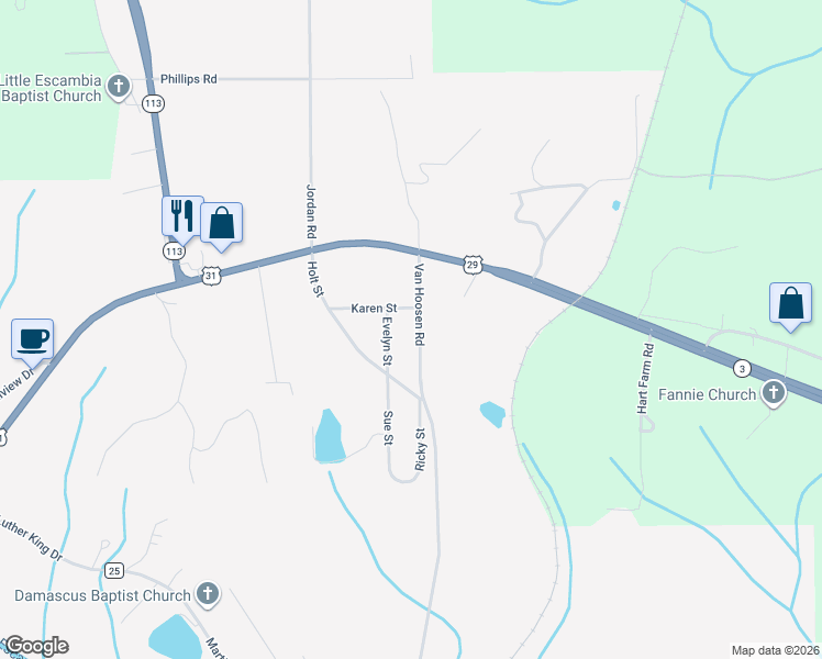 map of restaurants, bars, coffee shops, grocery stores, and more near 184 Van Hoosen Road in Flomaton