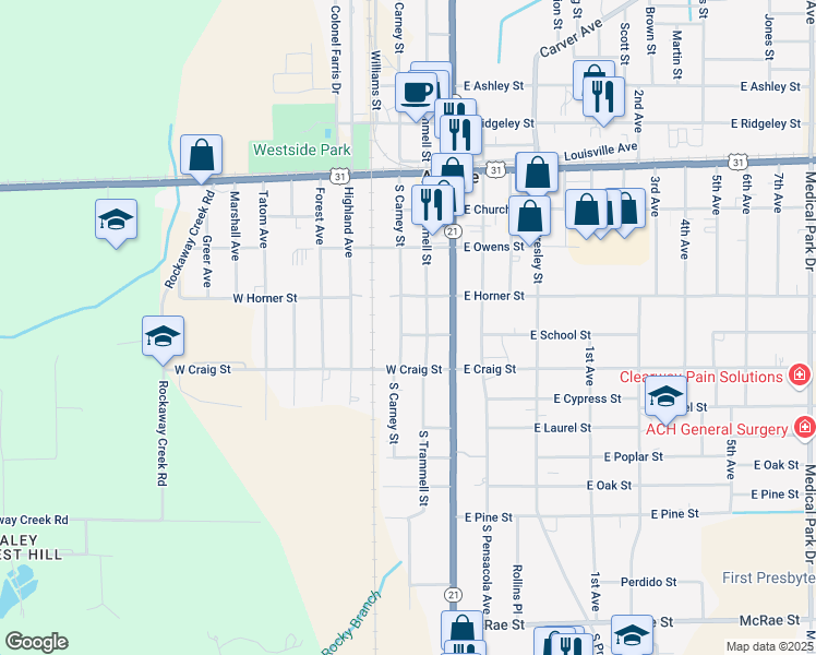 map of restaurants, bars, coffee shops, grocery stores, and more near 206 West School Street in Atmore