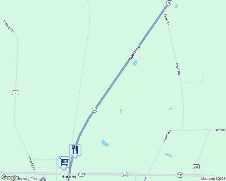 map of restaurants, bars, coffee shops, grocery stores, and more near 16872 Adel Highway in Barney