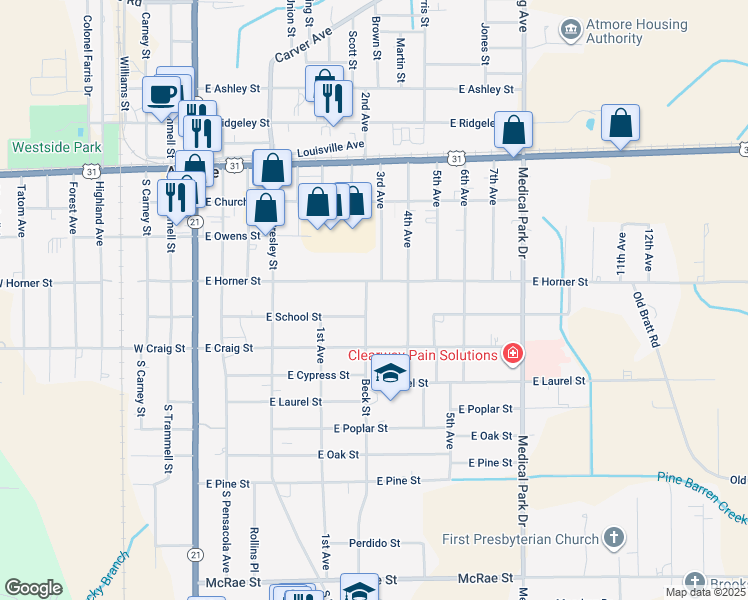 map of restaurants, bars, coffee shops, grocery stores, and more near 101 Beck Street in Atmore