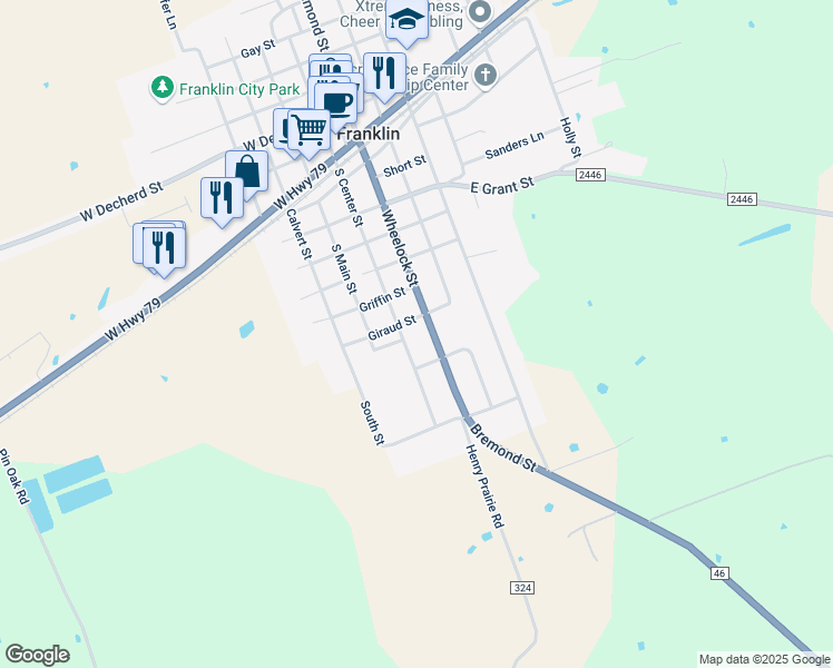map of restaurants, bars, coffee shops, grocery stores, and more near 800 South Glass Street in Franklin