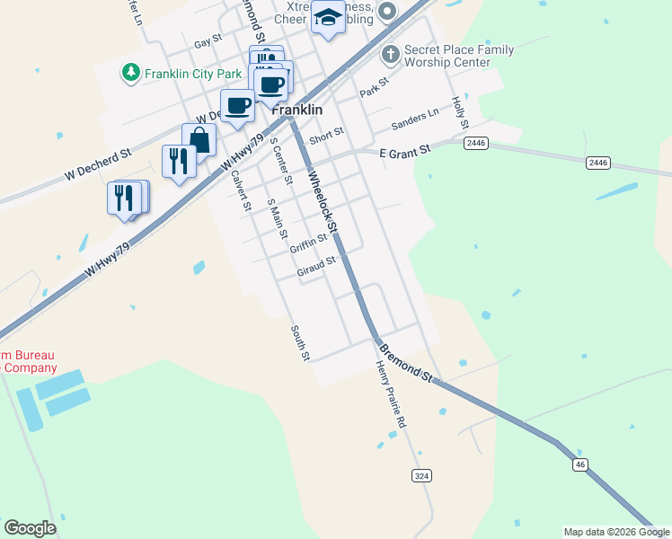 map of restaurants, bars, coffee shops, grocery stores, and more near 800 South Glass Street in Franklin