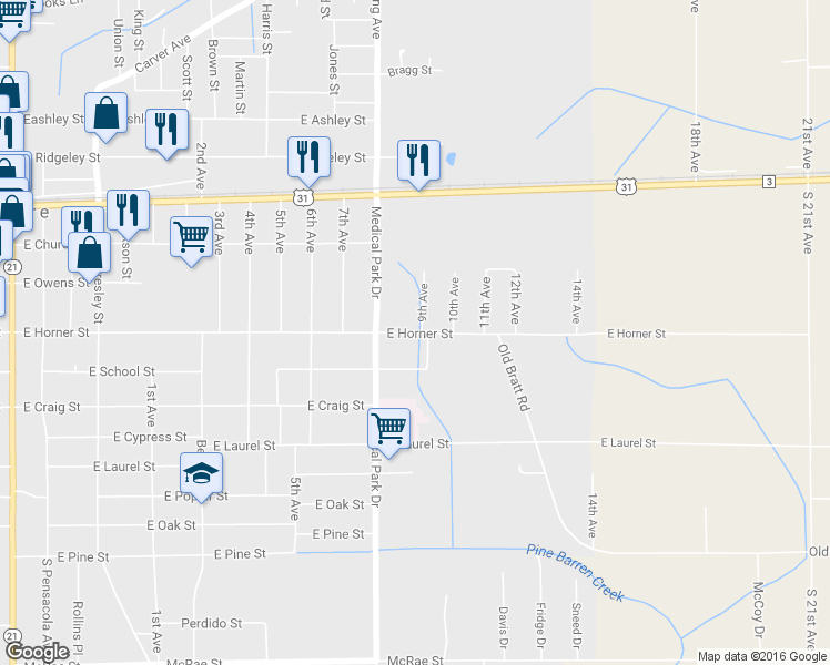 map of restaurants, bars, coffee shops, grocery stores, and more near 913 East Horner Street in Atmore
