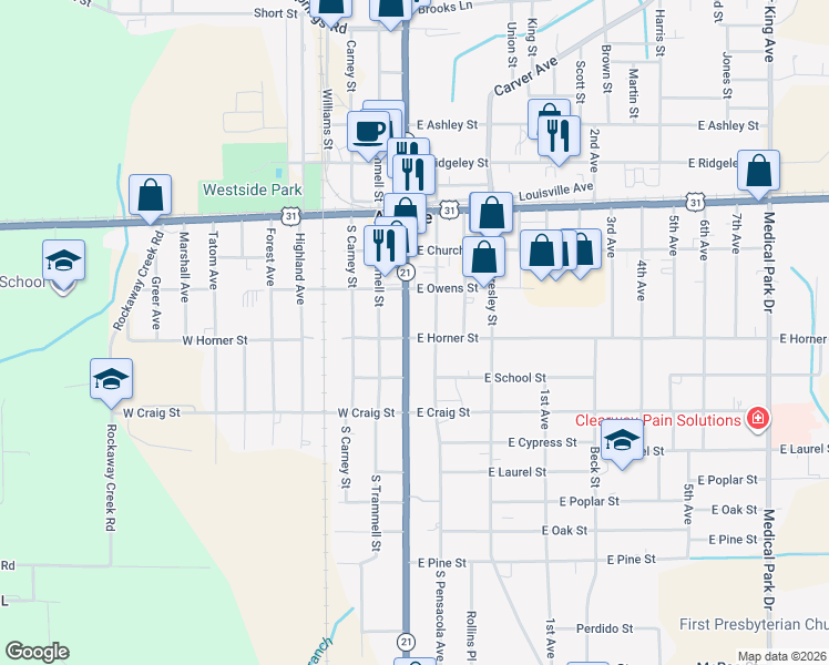 map of restaurants, bars, coffee shops, grocery stores, and more near 313 South Main Street in Atmore