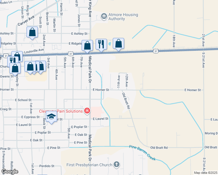 map of restaurants, bars, coffee shops, grocery stores, and more near 1005 East Horner Street in Atmore