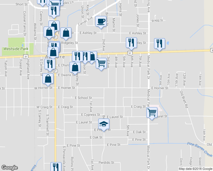 map of restaurants, bars, coffee shops, grocery stores, and more near 403 East Horner Street in Atmore