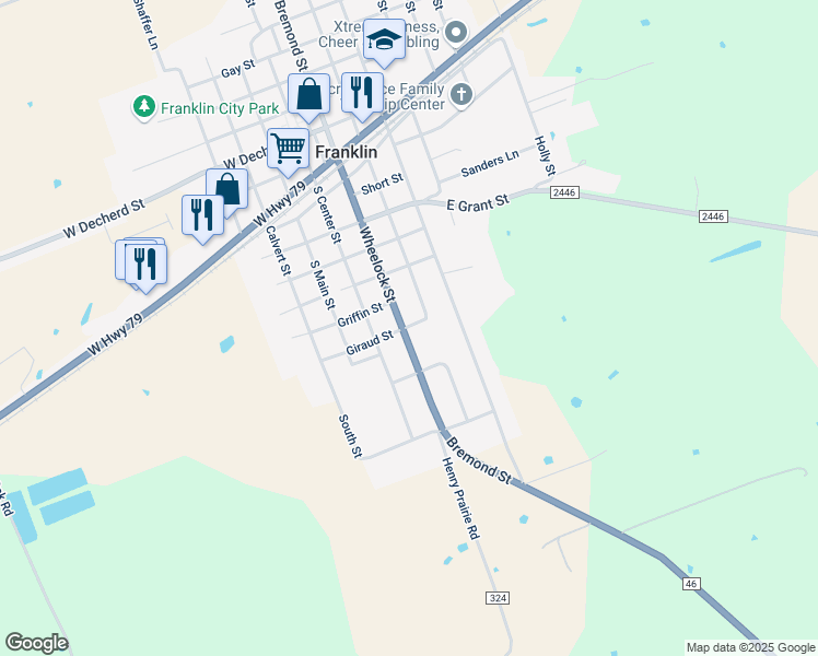 map of restaurants, bars, coffee shops, grocery stores, and more near 800 South Glass Street in Franklin
