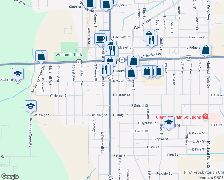map of restaurants, bars, coffee shops, grocery stores, and more near 313 South Main Street in Atmore