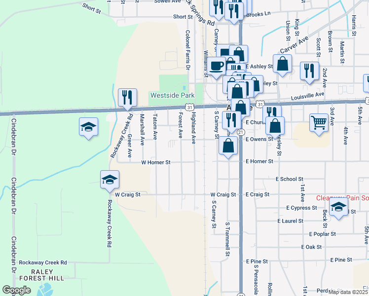 map of restaurants, bars, coffee shops, grocery stores, and more near West Owens Street in Atmore