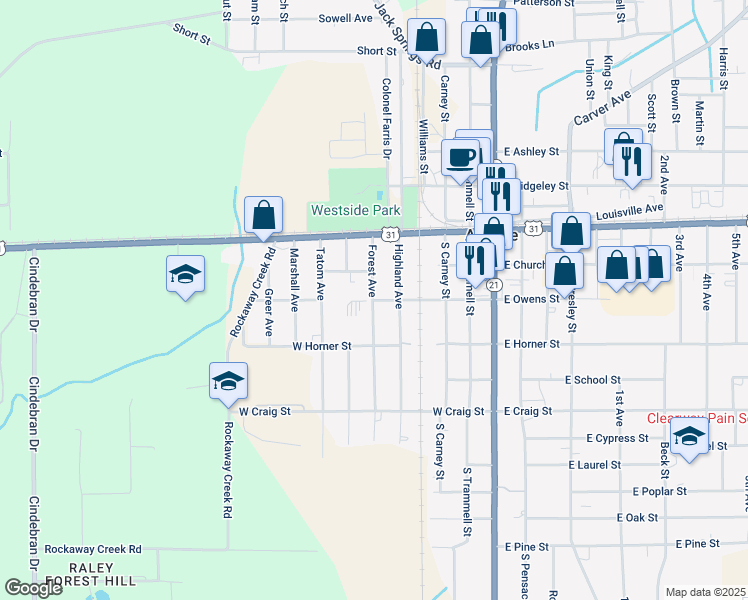 map of restaurants, bars, coffee shops, grocery stores, and more near West Owens Street in Atmore