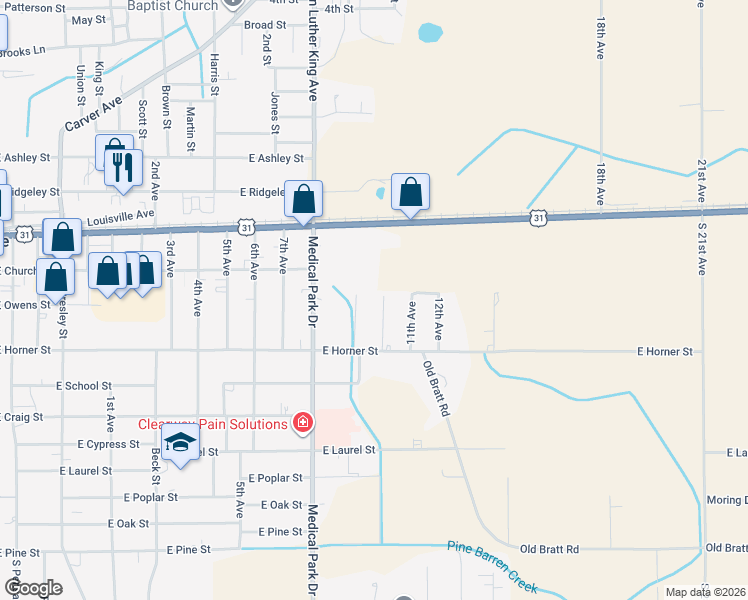 map of restaurants, bars, coffee shops, grocery stores, and more near 201-219 10th Ave in Atmore