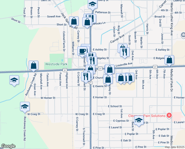 map of restaurants, bars, coffee shops, grocery stores, and more near 121 South Main Street in Atmore