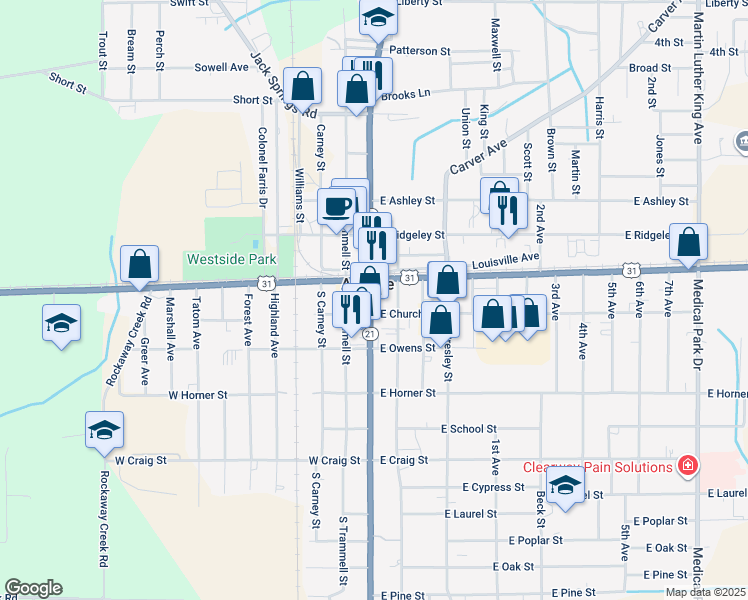 map of restaurants, bars, coffee shops, grocery stores, and more near 121 South Main Street in Atmore