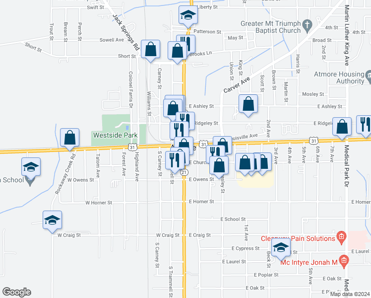 map of restaurants, bars, coffee shops, grocery stores, and more near 103 Main Street in Atmore