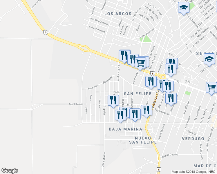 map of restaurants, bars, coffee shops, grocery stores, and more near 164 Laureles in San Felípe