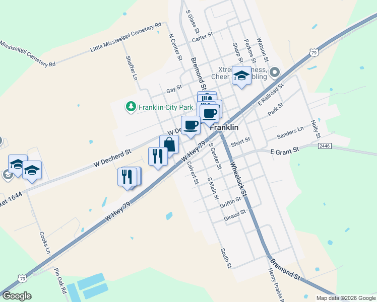 map of restaurants, bars, coffee shops, grocery stores, and more near 215 West Highway 79 in Franklin