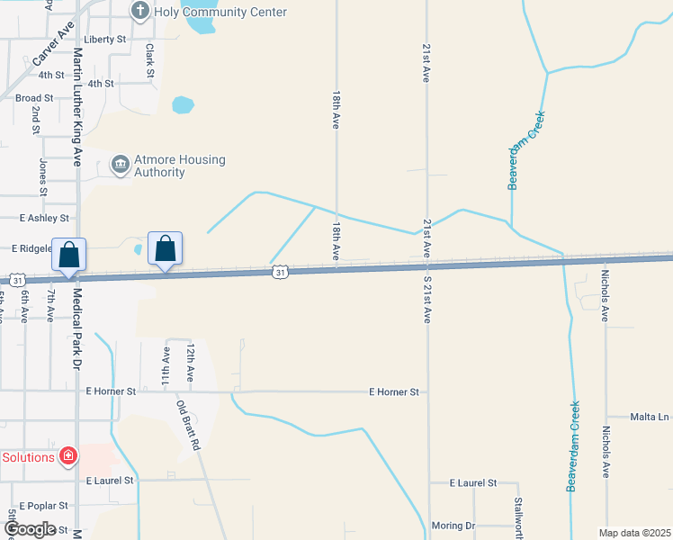 map of restaurants, bars, coffee shops, grocery stores, and more near County Road 3 in Atmore