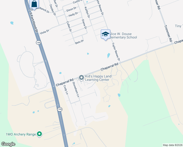 map of restaurants, bars, coffee shops, grocery stores, and more near 2799 Chaparral Road in Killeen