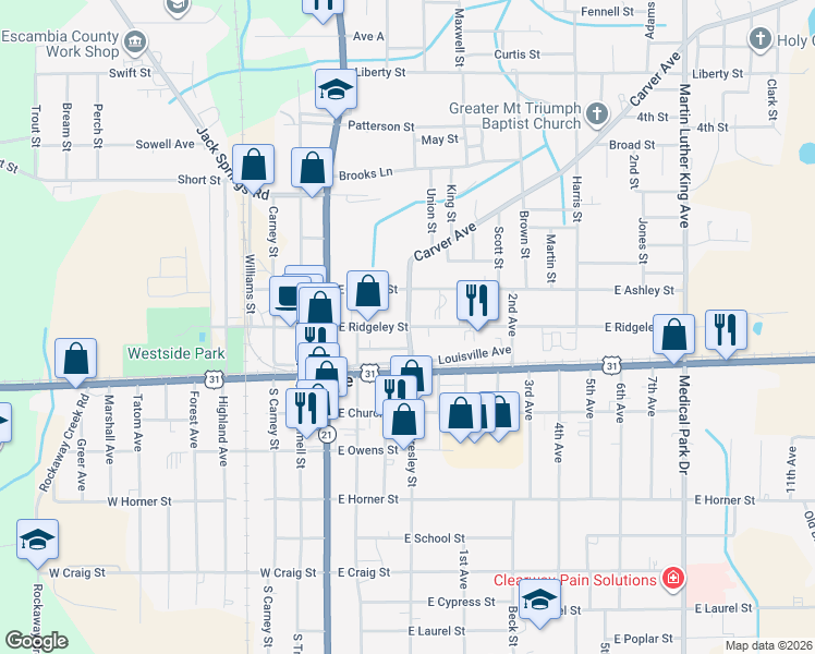 map of restaurants, bars, coffee shops, grocery stores, and more near 415 East Ridgeley Street in Atmore