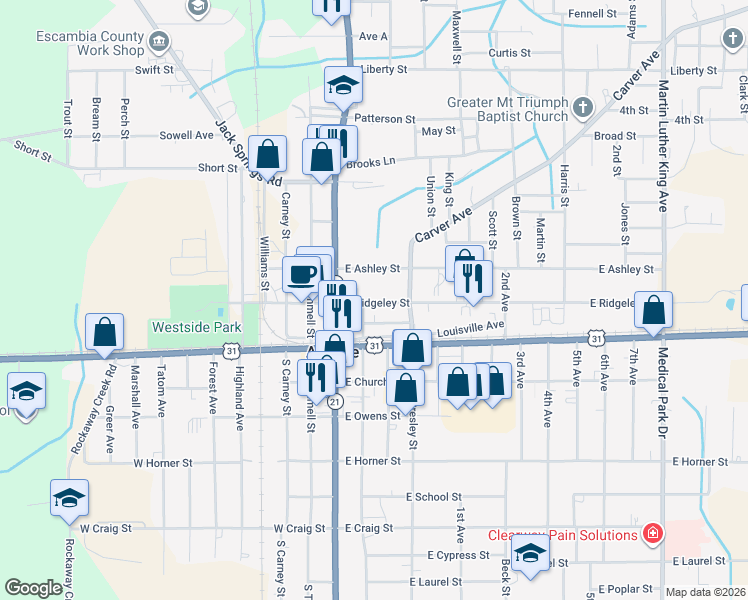 map of restaurants, bars, coffee shops, grocery stores, and more near 271-415 East Ridgeley Street in Atmore