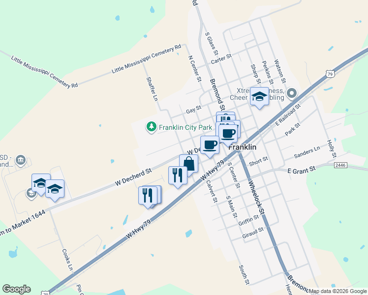 map of restaurants, bars, coffee shops, grocery stores, and more near 307 Hearne Street in Franklin