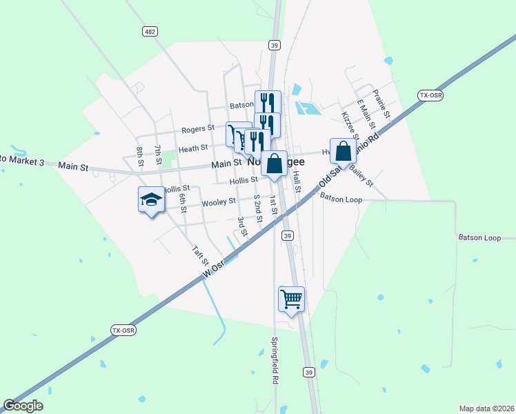 map of restaurants, bars, coffee shops, grocery stores, and more near 201 Wooley Street in Normangee