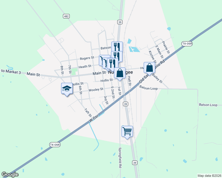 map of restaurants, bars, coffee shops, grocery stores, and more near 201 Wooley Street in Normangee