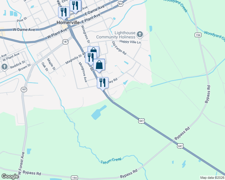 map of restaurants, bars, coffee shops, grocery stores, and more near 87 Kight Street in Homerville