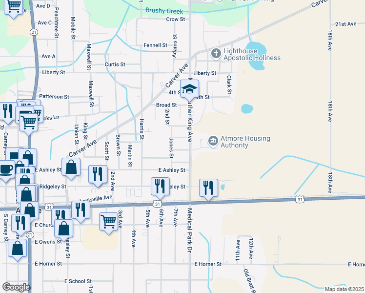 map of restaurants, bars, coffee shops, grocery stores, and more near 73 MLK Drive in Atmore