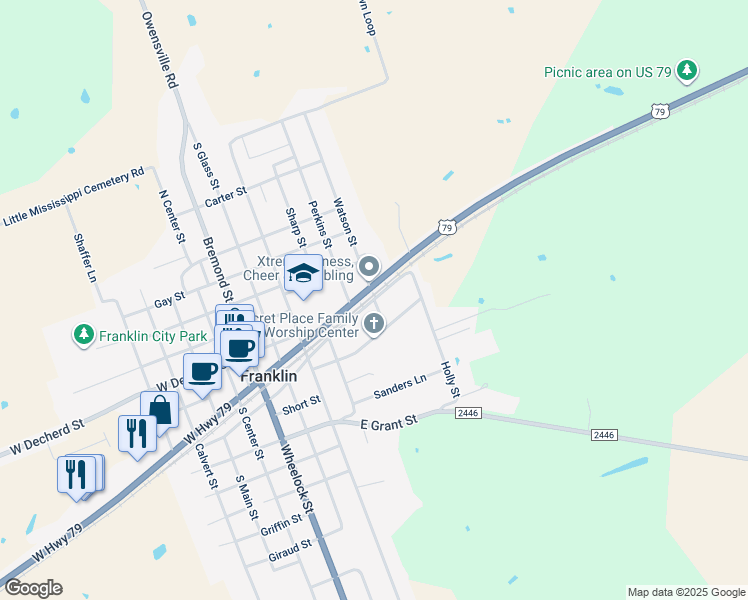 map of restaurants, bars, coffee shops, grocery stores, and more near East Railroad Street in Franklin